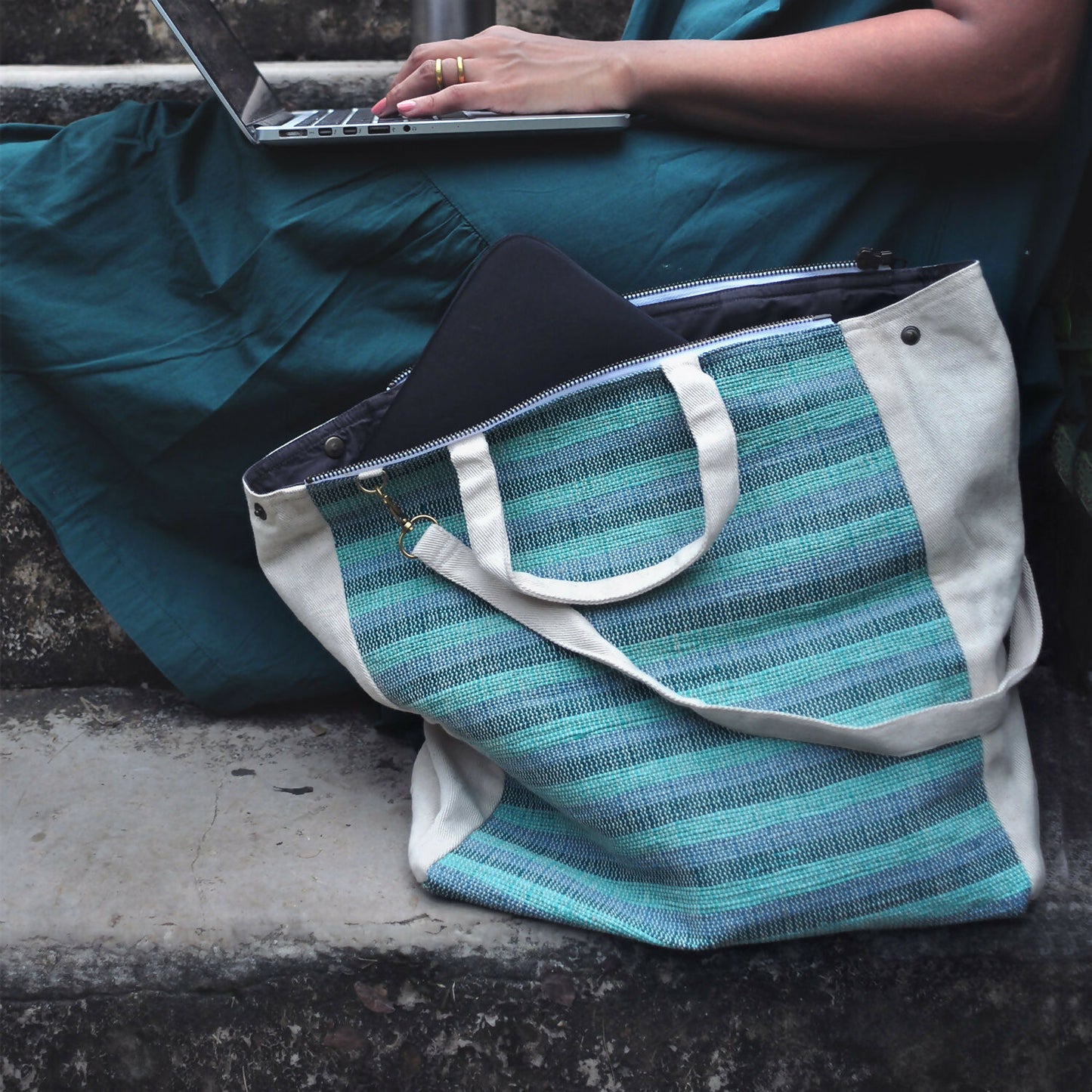 Upcycled Plastic Expandable Green Stripes Handbag
