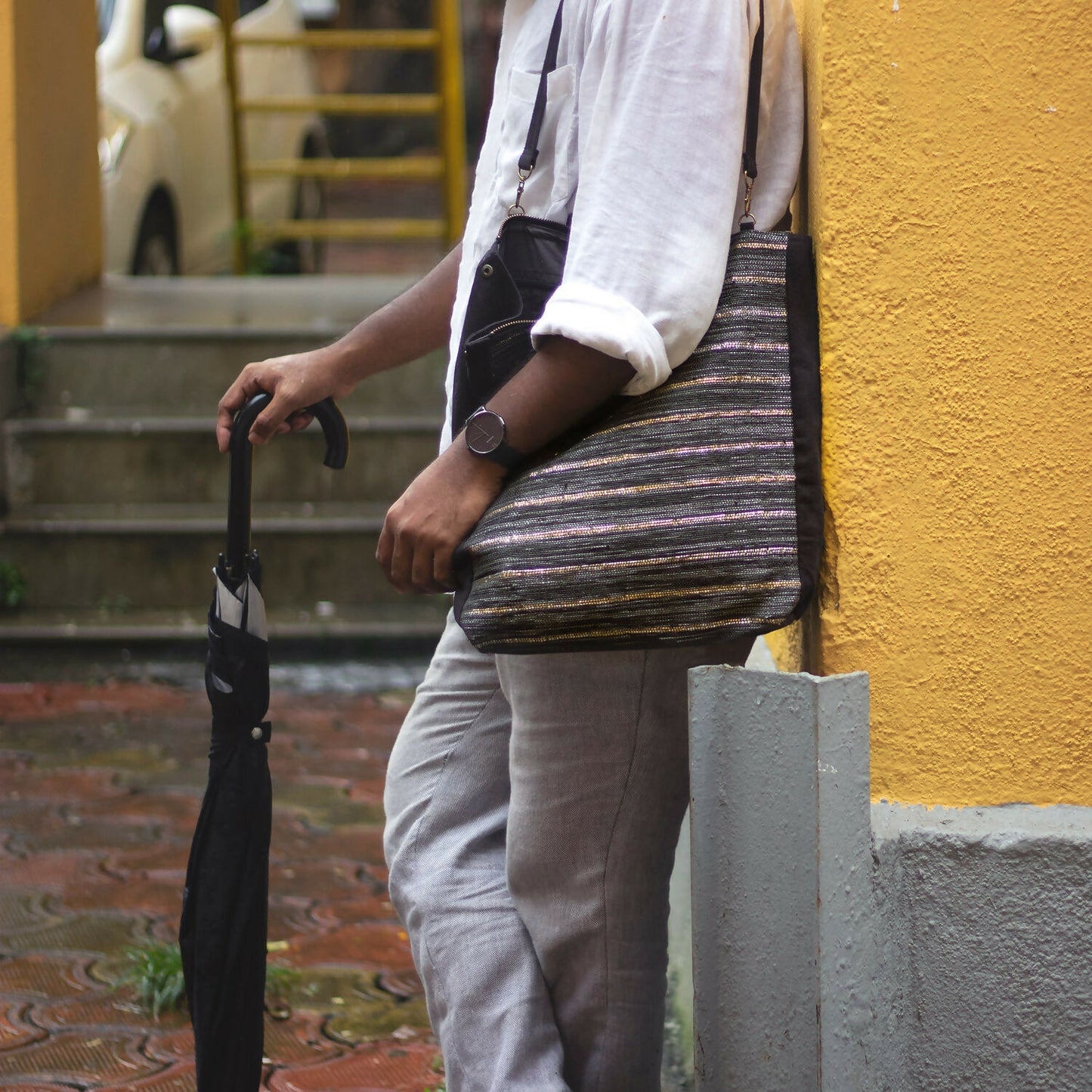 Black Recycled Plastic & Naturally Dyed Cotton Bag