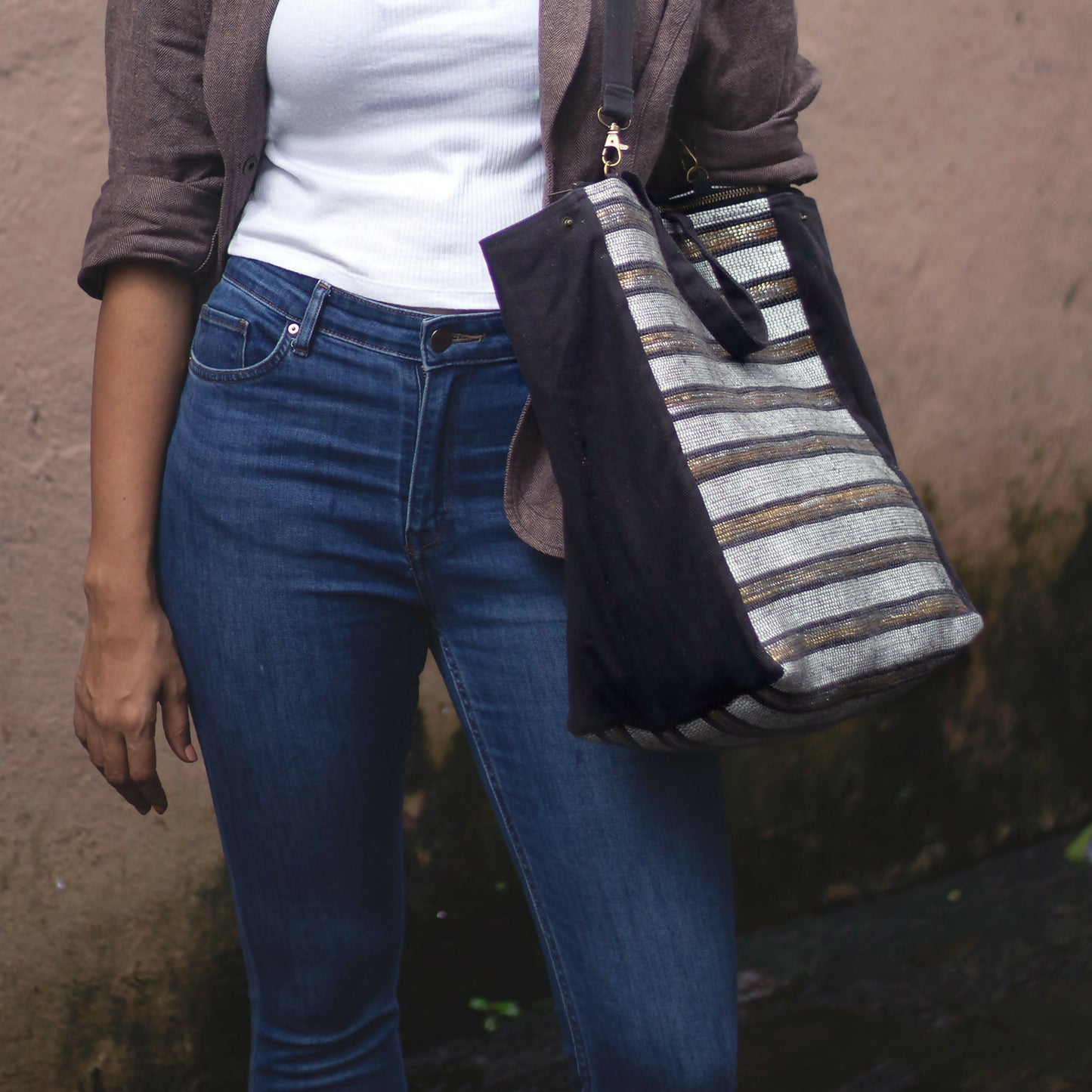 Handcrafted Gold Black White Striped Shoulder Bag