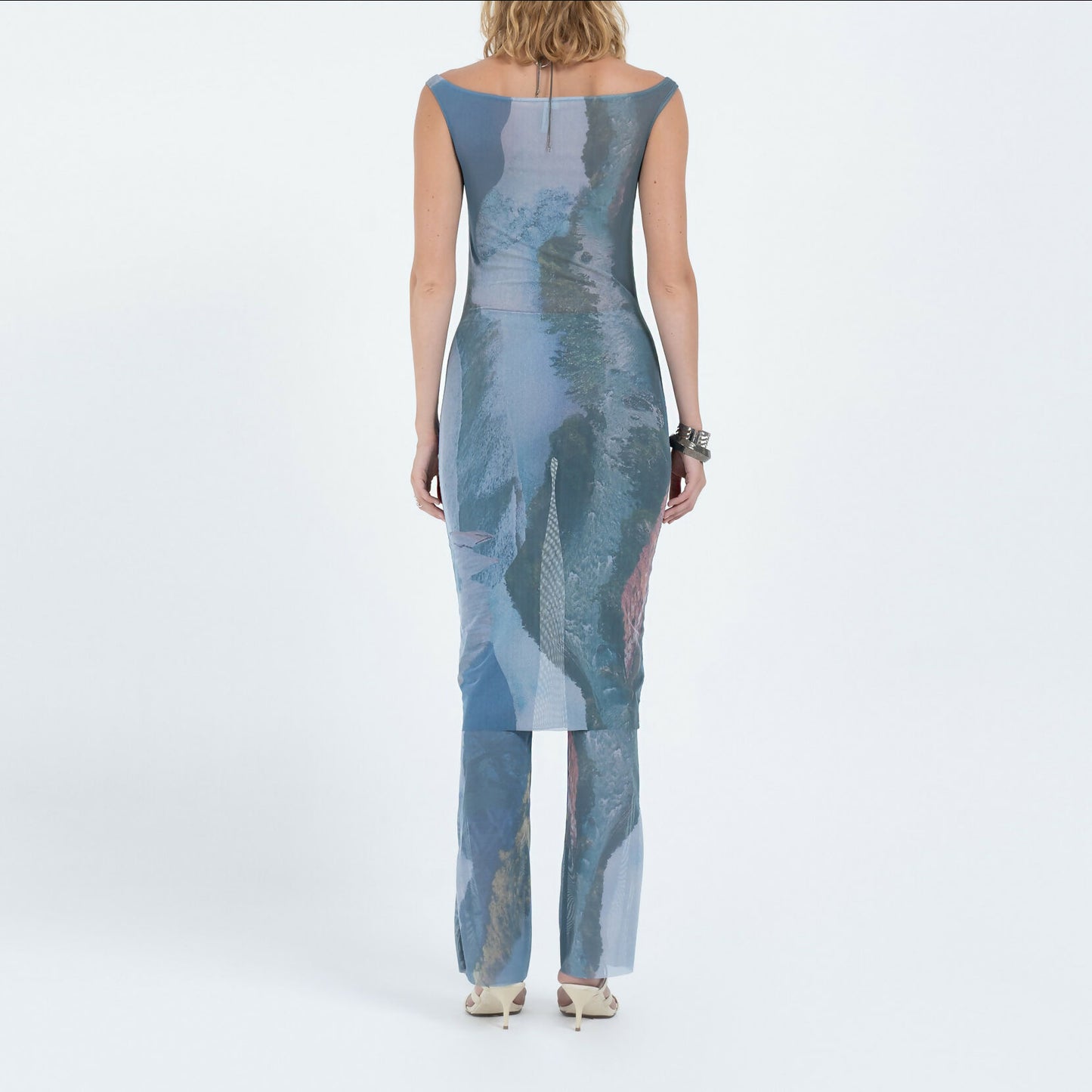Off-Shoulder Mesh Midi in River