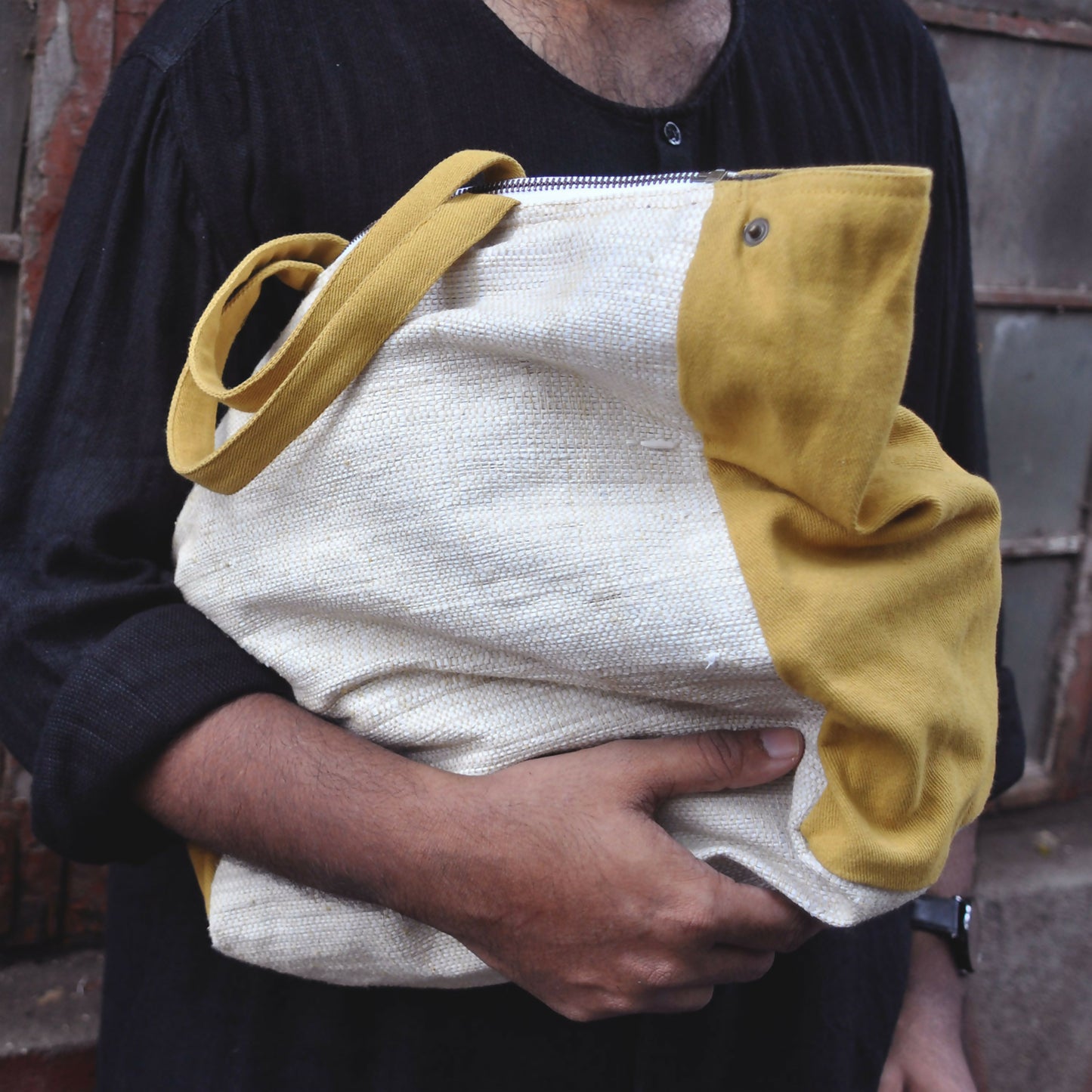 Ochre & White Bag Handcrafted from Waste Plastic