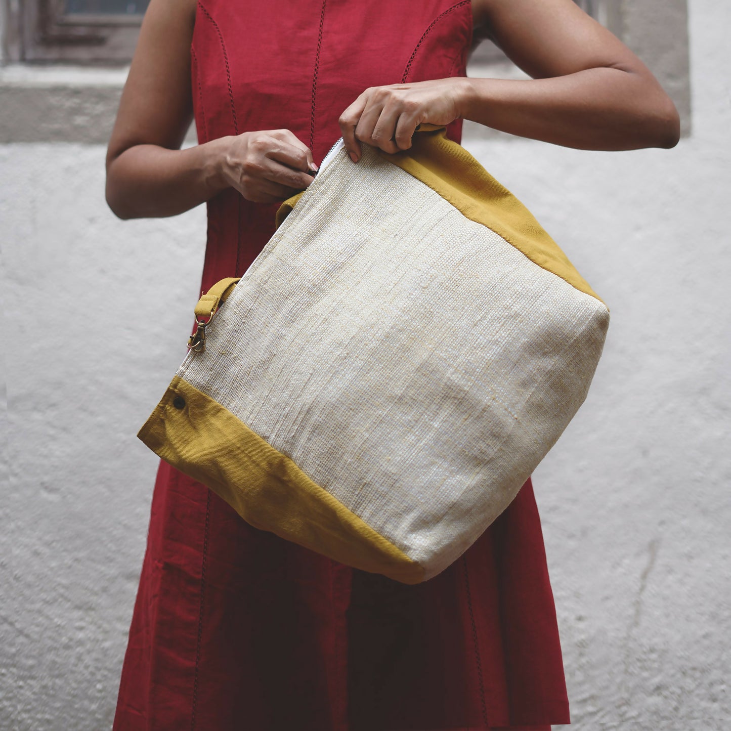 Ochre & White Bag Handcrafted from Waste Plastic