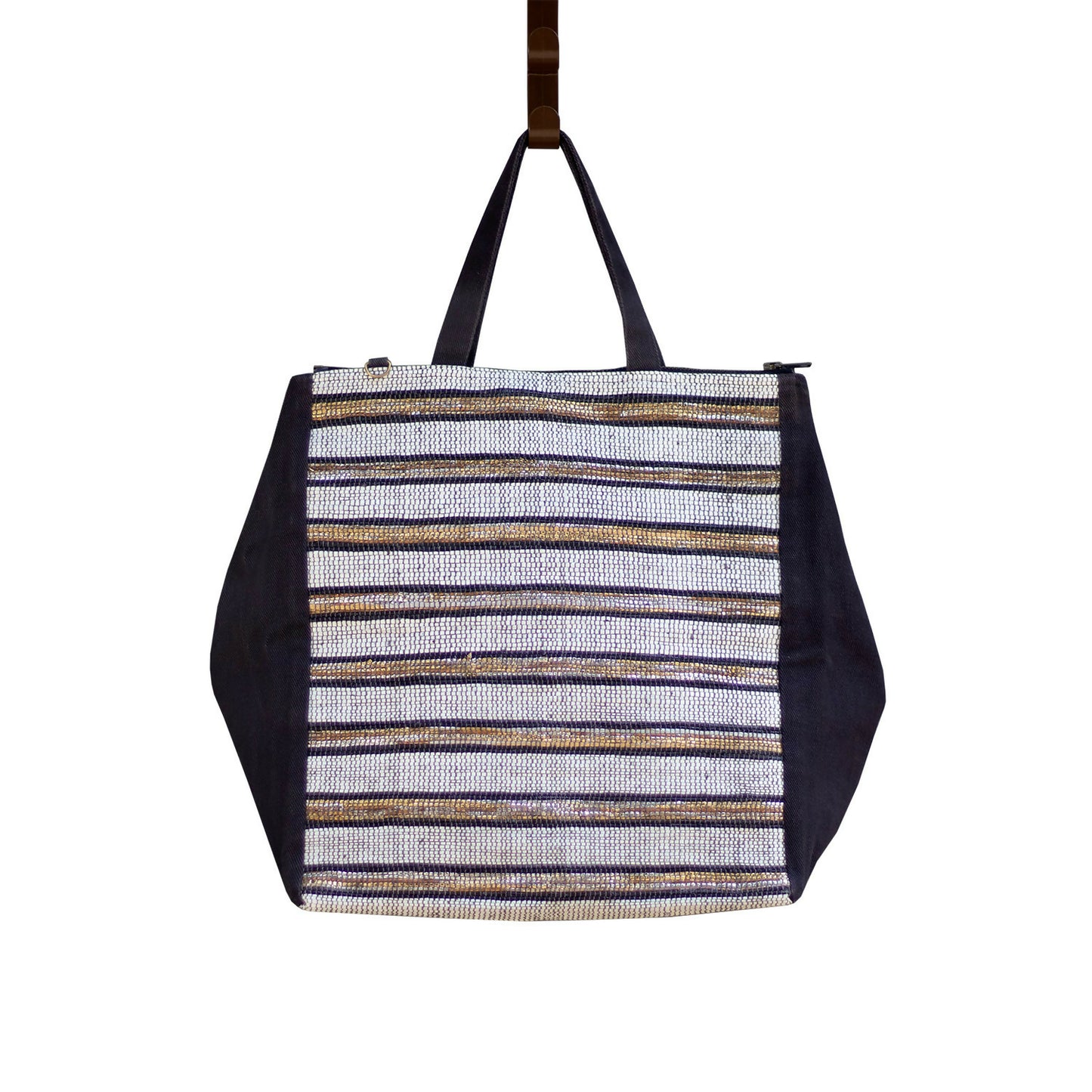 Handcrafted Gold Black White Striped Shoulder Bag