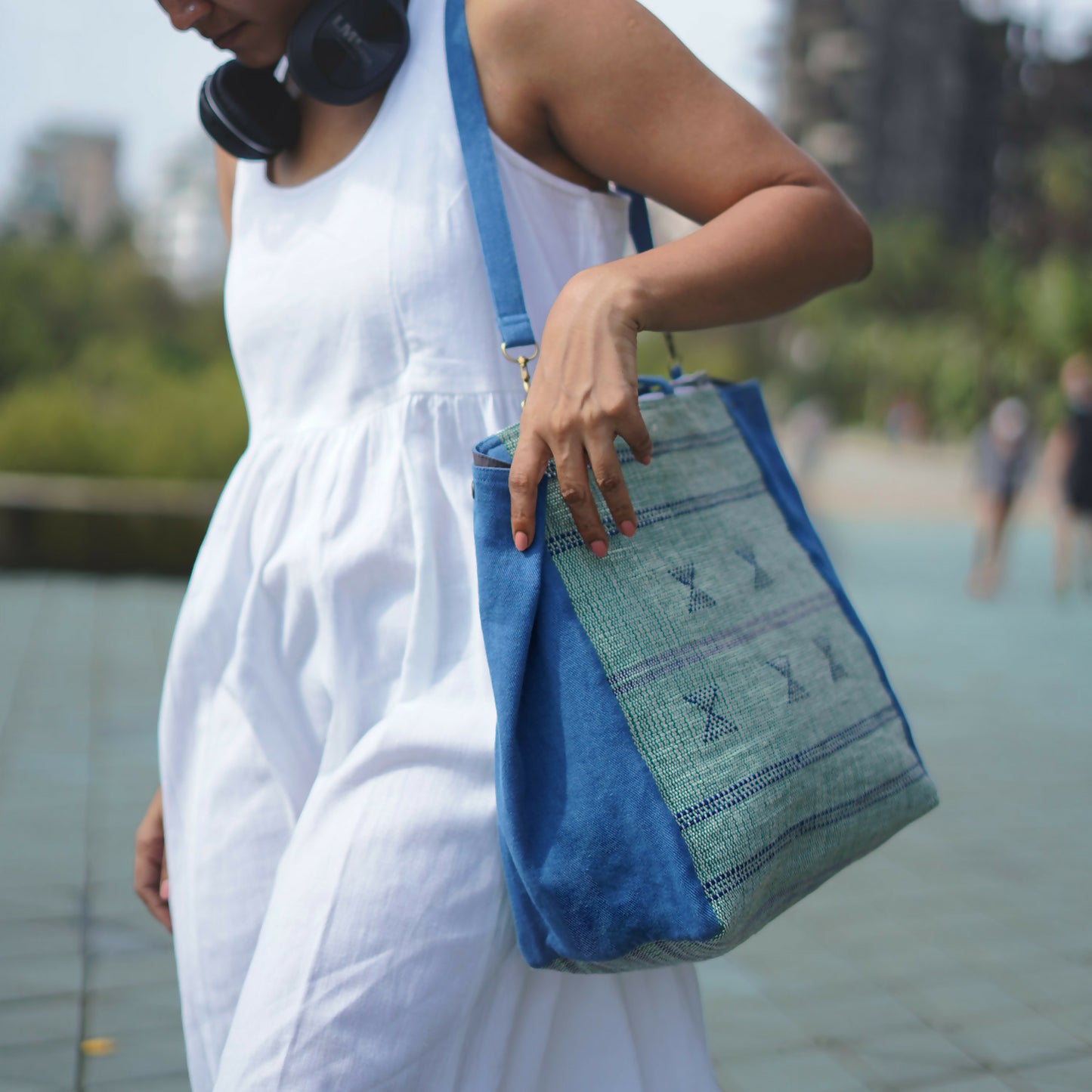 Blue & Green Handbag with Removable Shoulder Strap