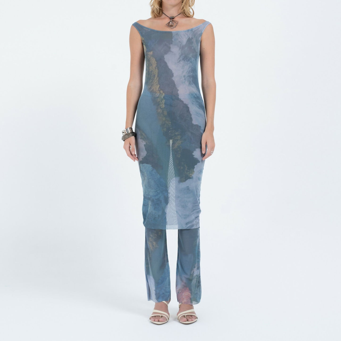 Off-Shoulder Mesh Midi in River