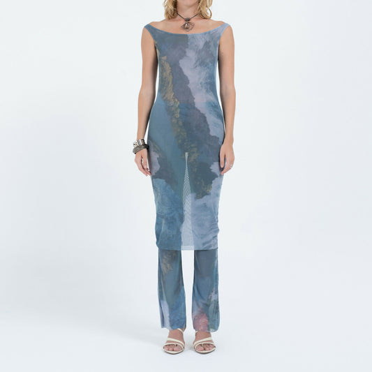 Off-Shoulder Mesh Midi in River