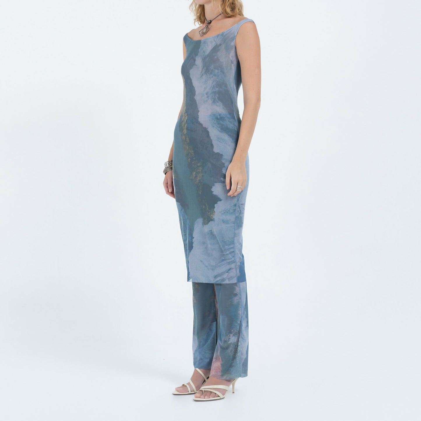 Off-Shoulder Mesh Midi in River