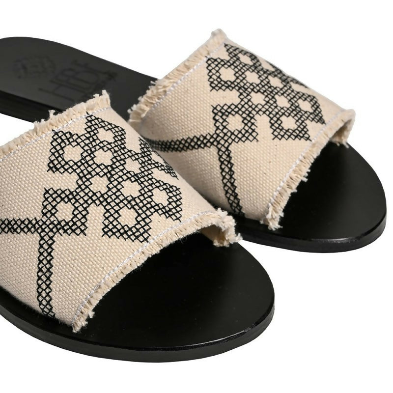 DELOS CANVAS LEATHER SLIDE - Black