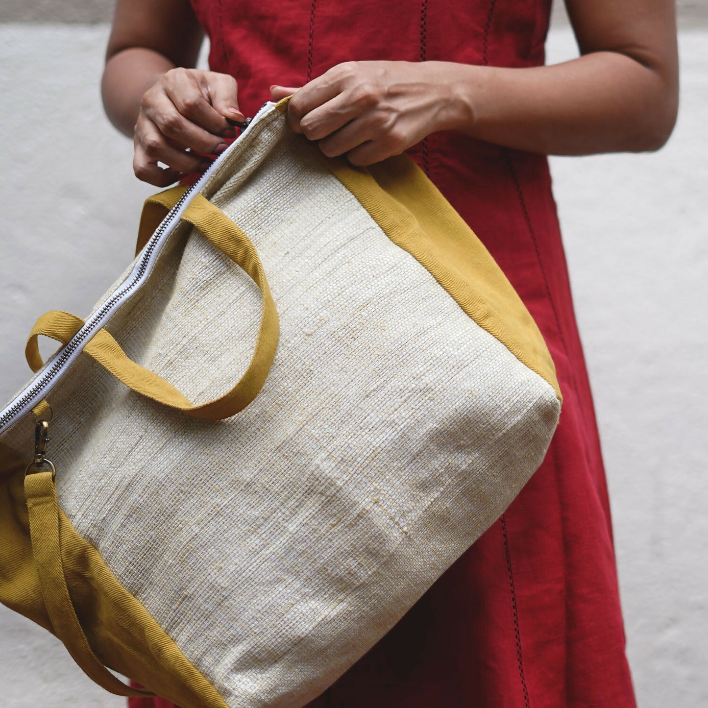 Ochre & White Bag Handcrafted from Waste Plastic