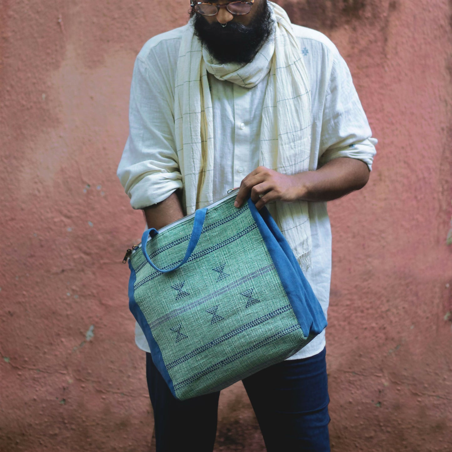 Blue & Green Handbag with Removable Shoulder Strap