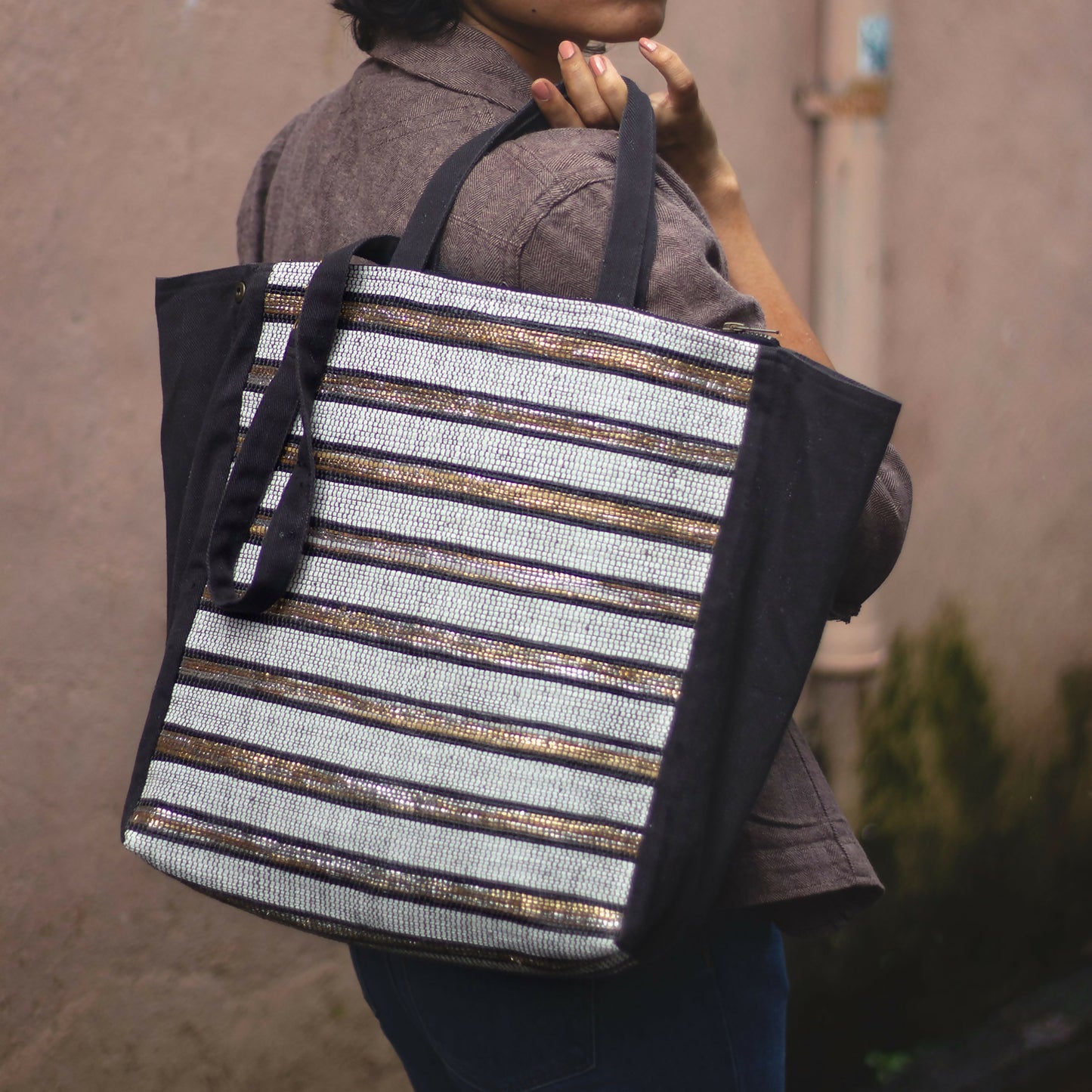 Handcrafted Gold Black White Striped Shoulder Bag